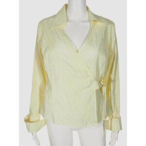 Swarri Wrap Top Womens Large Yellow Eyelet V Neck French Cuffed Cotton
